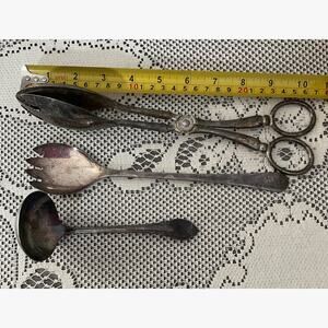 3 PCs Silver Plate 2 Relish / Condiment Spoons 1 Spoon Fork Tongs